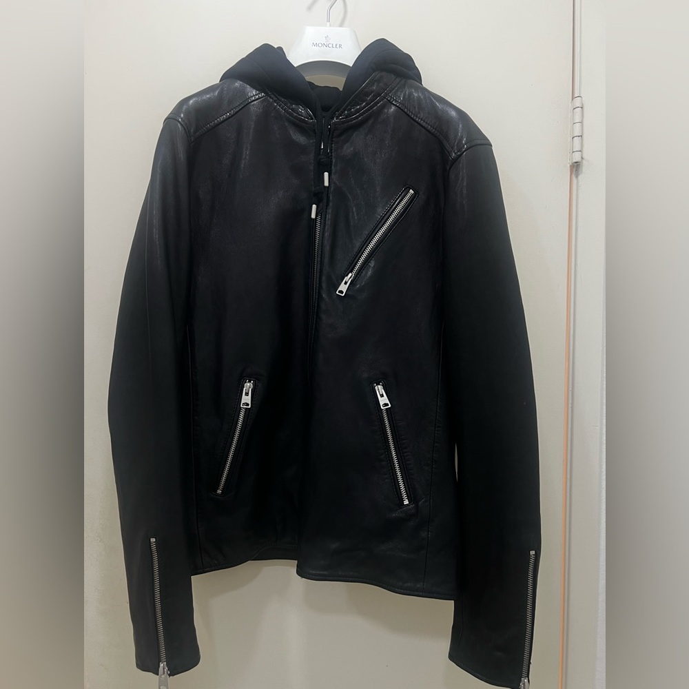 All Saints Black Leather Jacket with detachable Hood